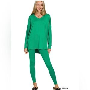NEW! ZENANA BRUSHED DTY MICROFIBER LOUNGEWEAR SET in Kelly Green